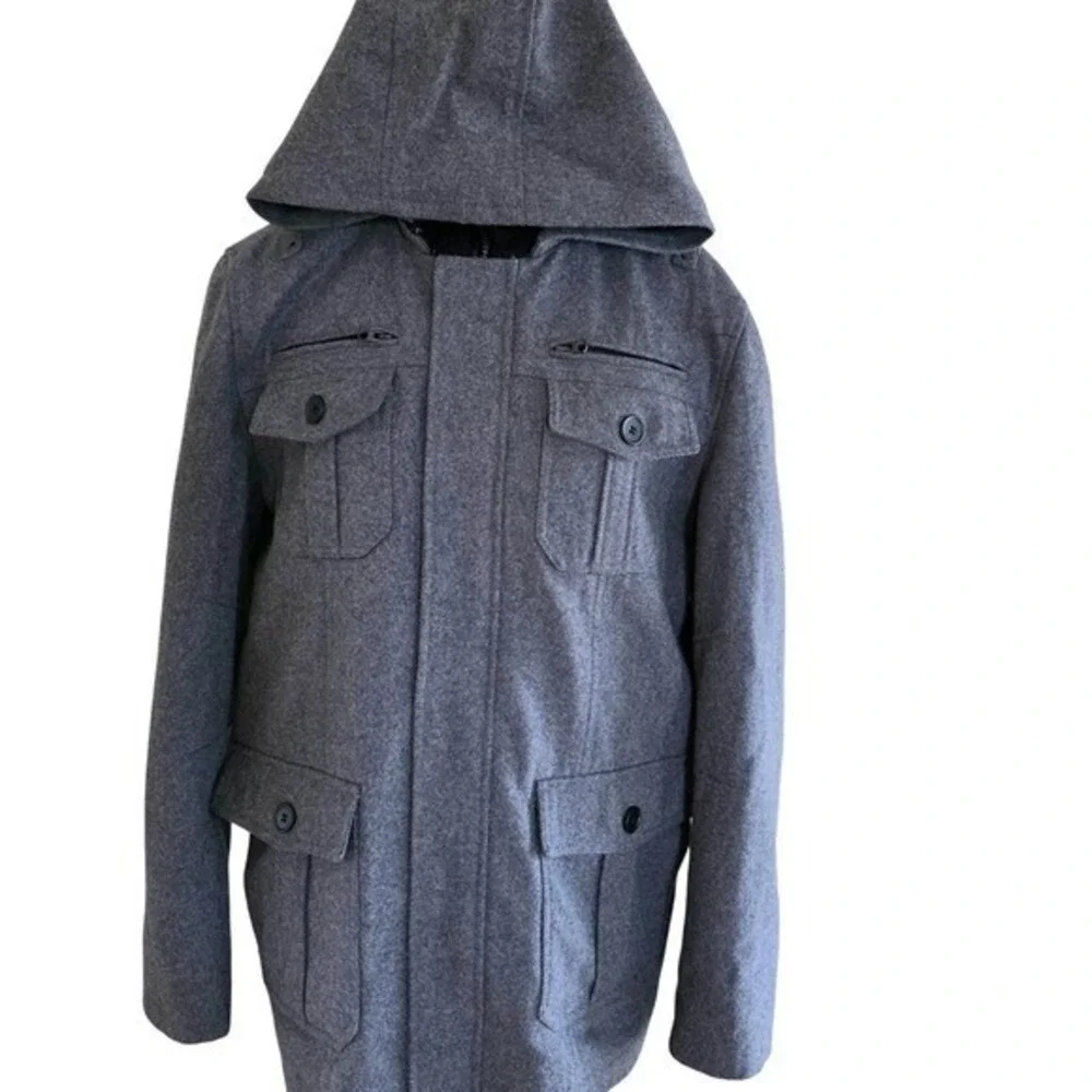 Structure Mens Wool Blend Hooded‎ Field Jacket Charcoal Grey Quilted Lining L